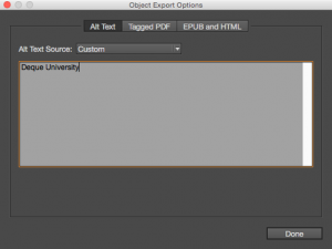 Screenshot of entering alt text in the Object Export Options dialog