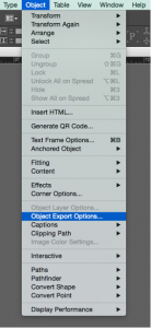Screenshot of selecting Object Export Options in the Object menu