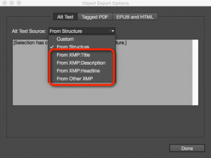 Screenshot of the XMP options