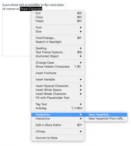 Screenshot of the hyperlink option in the menu