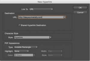 Screenshot of the hyperlink options