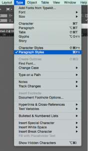 Screenshot of the paragraph styles menu option