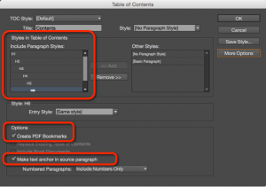 Screenshot of the table of contents options