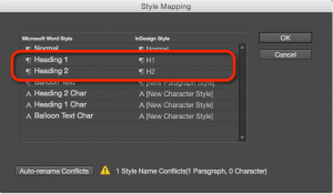 Screenshot showing the Word styles mapped to InDesign styles