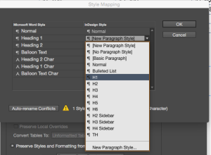 Screenshot showing the drop-down list of InDesign styles for a document